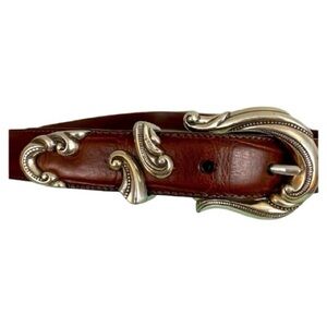 Brighton Allegro Swirl Embossed Brown Leather Belt with Silver Accents Size Med